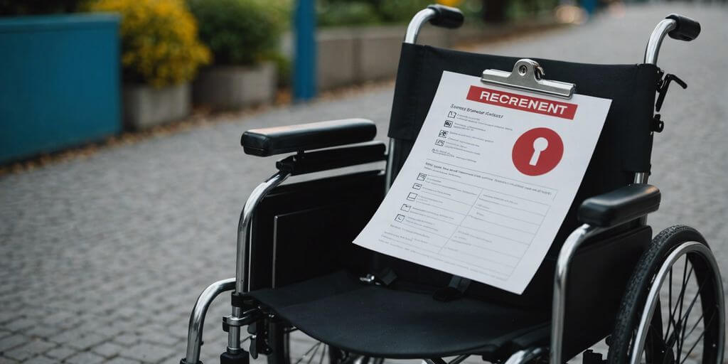 Wheelchair with safety checklist and padlock symbol, illustrating secure wheelchair rental tips.