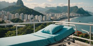 Hospital bed rental service in Rio de Janeiro with a scenic city view in the background.