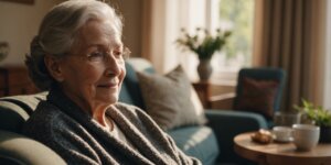 Elderly woman with Alzheimer’s smiling gently, sitting in a cozy living room with soft sunlight filtering through the window.