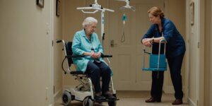 Caregiver assisting elderly person with a patient lift in a home setting in Rio de Janeiro.