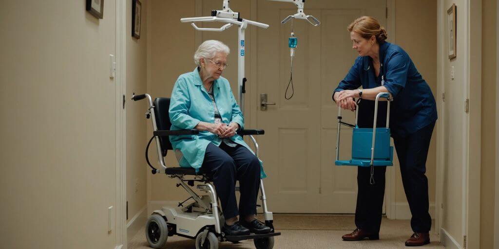 Caregiver assisting elderly person with a patient lift in a home setting in Rio de Janeiro.