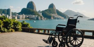 Wheelchair and portable ramp with Rio de Janeiro landmarks in the background, promoting accessible events in the city.