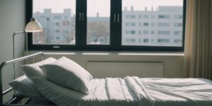 Hospital bed with white sheets in a bright room, window showing sunny day, representing rental options in Barra da Tijuca.