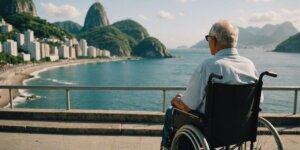 Elderly person in wheelchair with Rio de Janeiro background