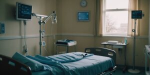 Hospital room with medical equipment for palliative care, including a bed, oxygen tank, and IV stand.