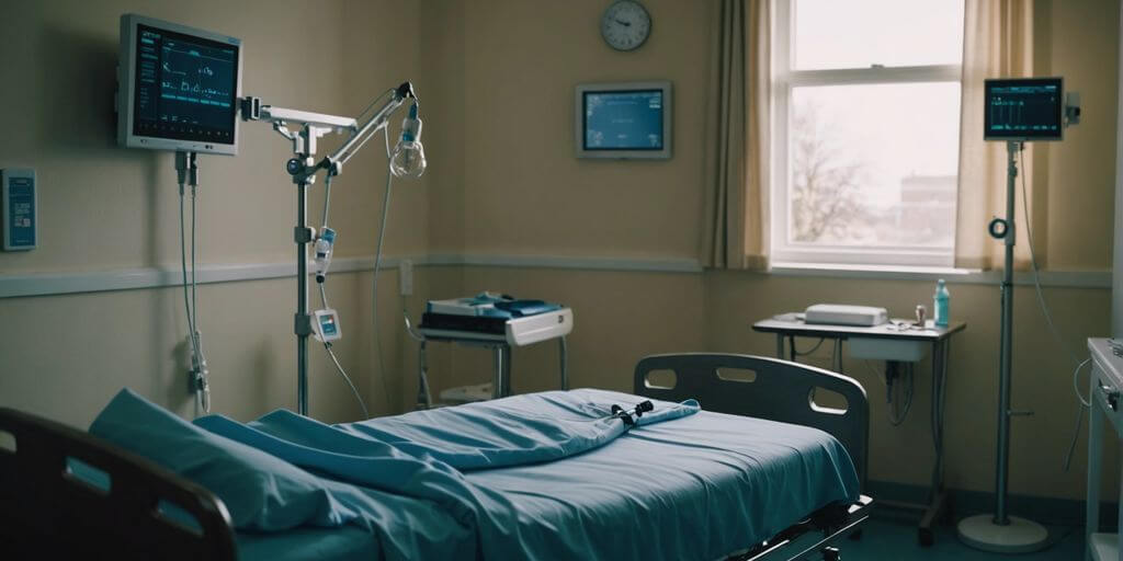 Hospital room with medical equipment for palliative care, including a bed, oxygen tank, and IV stand.