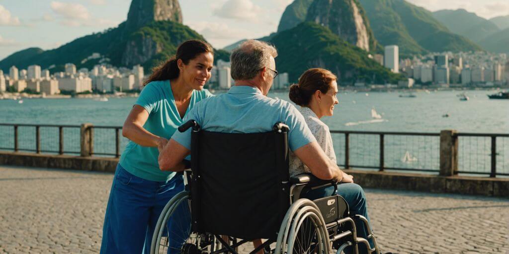 Person in wheelchair assisted by caregiver with Rio de Janeiro landmarks in the background, highlighting rental services.