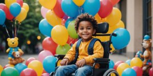 Child in a comfortable wheelchair, smiling confidently, surrounded by playful elements like balloons and toys.