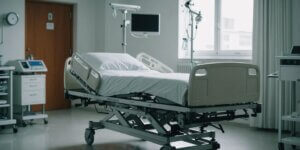 Adjustable hospital bed in a well-lit room with medical equipment in the background, representing hospital bed rental services.