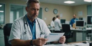 Hospital administrator reviewing checklist with medical equipment, highlighting rental mistakes to avoid in Rio de Janeiro.
