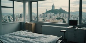 Hospital bed in a cozy room with Rio de Janeiro skyline view, highlighting the benefits of renting in Zona Sul.