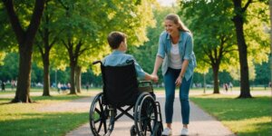 Child in a wheelchair with a caregiver in a park, highlighting the joy and support in mobility assistance.