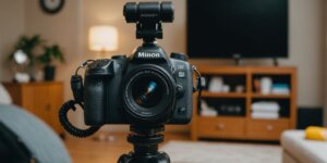 Idoso feliz com equipamento médico em casa, ambiente acolhedor.