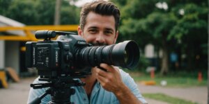 Pessoa sorrindo usando equipamento alugado em construção.