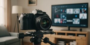 Idosos usando equipamentos médicos em casa, sorrindo felizes.