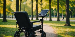 Cadeirante sorrindo em parque com equipamento de mobilidade