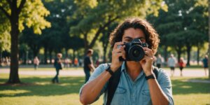 Pessoa sorrindo com equipamento de mobilidade em parque.