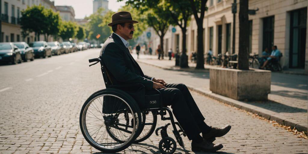 Pessoa em cadeira de rodas em cidade ensolarada