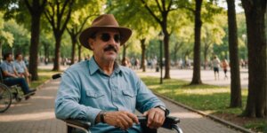 Pessoa em cadeira de rodas sorrindo no parque
