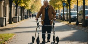 Senior using a walker with wheels for balance support