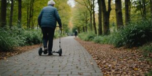 Elderly person using Medfort walker with wheels outdoors