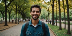 Idoso com andador e cuidador em parque ensolarado