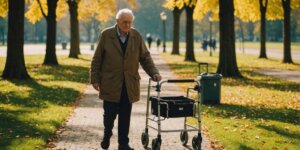 Elderly person with walker in Rio de Janeiro park.