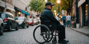Paciente amputado em cadeira de rodas especial na cidade.
