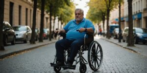 Paciente obeso em cadeira de rodas reforçada para obesidade mórbida.