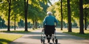 Senior using a wheeled walker in Rio de Janeiro