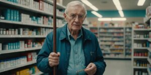 Elderly person with cane in Medfort store