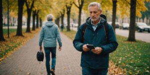 Pessoa cega com andador caminhando em parque ensolarado.