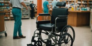 Pessoa analisando cadeira de rodas em loja especializada.