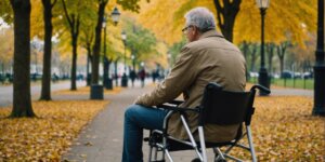 Walker with seat, person taking a break.