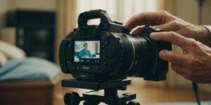 Paciente em casa com equipamento médico alugado durante convalescença.