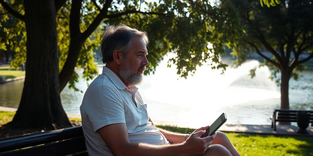 Paciente com andador em parque ensolarado