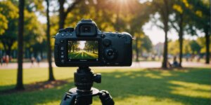 Criança sorrindo com equipamento de mobilidade no parque.