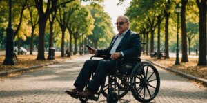 Cadeira de rodas elétrica em parque ensolarado