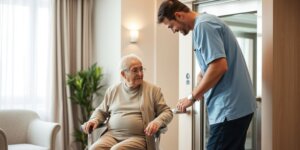 Cuidador ajudando paciente idoso com elevador de pacientes.