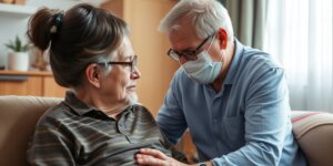 Idoso com andador e cuidador