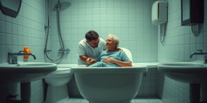 Idoso em cadeira de banho com cuidador.