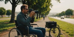 Pessoa em cadeira de rodas em viagem longa.