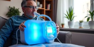 Pessoa com dispositivo de fisioterapia respiratória