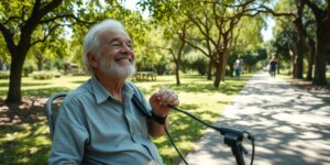 Idoso usando andador com apoio para antebraços em parque.
