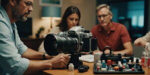 Família cuidando de idoso com equipamentos médicos em casa.