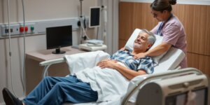 Paciente com distrofia muscular em cadeira de rodas moderna.