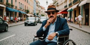 Pessoa em cadeira de rodas sorrindo em ponto turístico.