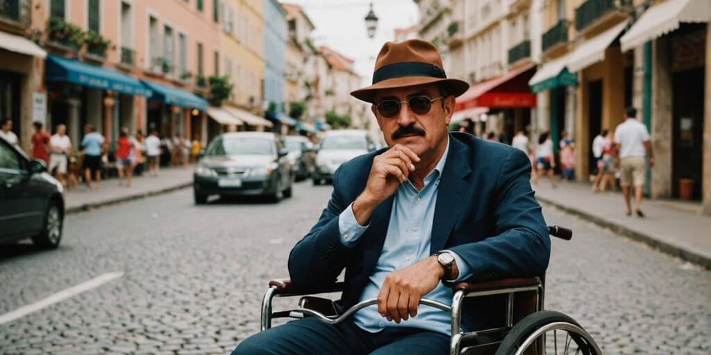 Pessoa em cadeira de rodas sorrindo em ponto turístico.