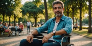 Pessoa em cadeira de rodas sorrindo em um parque.
