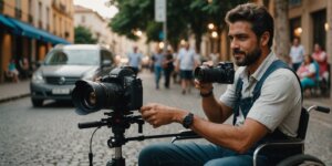 Idoso feliz com bengala e cadeira de rodas